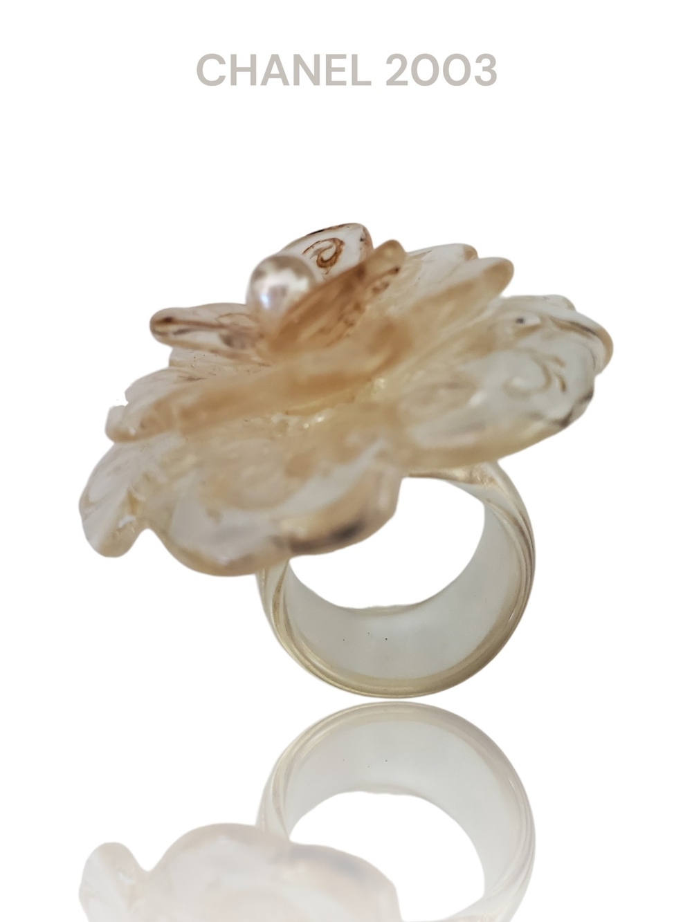 Vintage CHANEL 2003 Camellia Flower Pearl Accent Resin Ring Cream Color Size 7